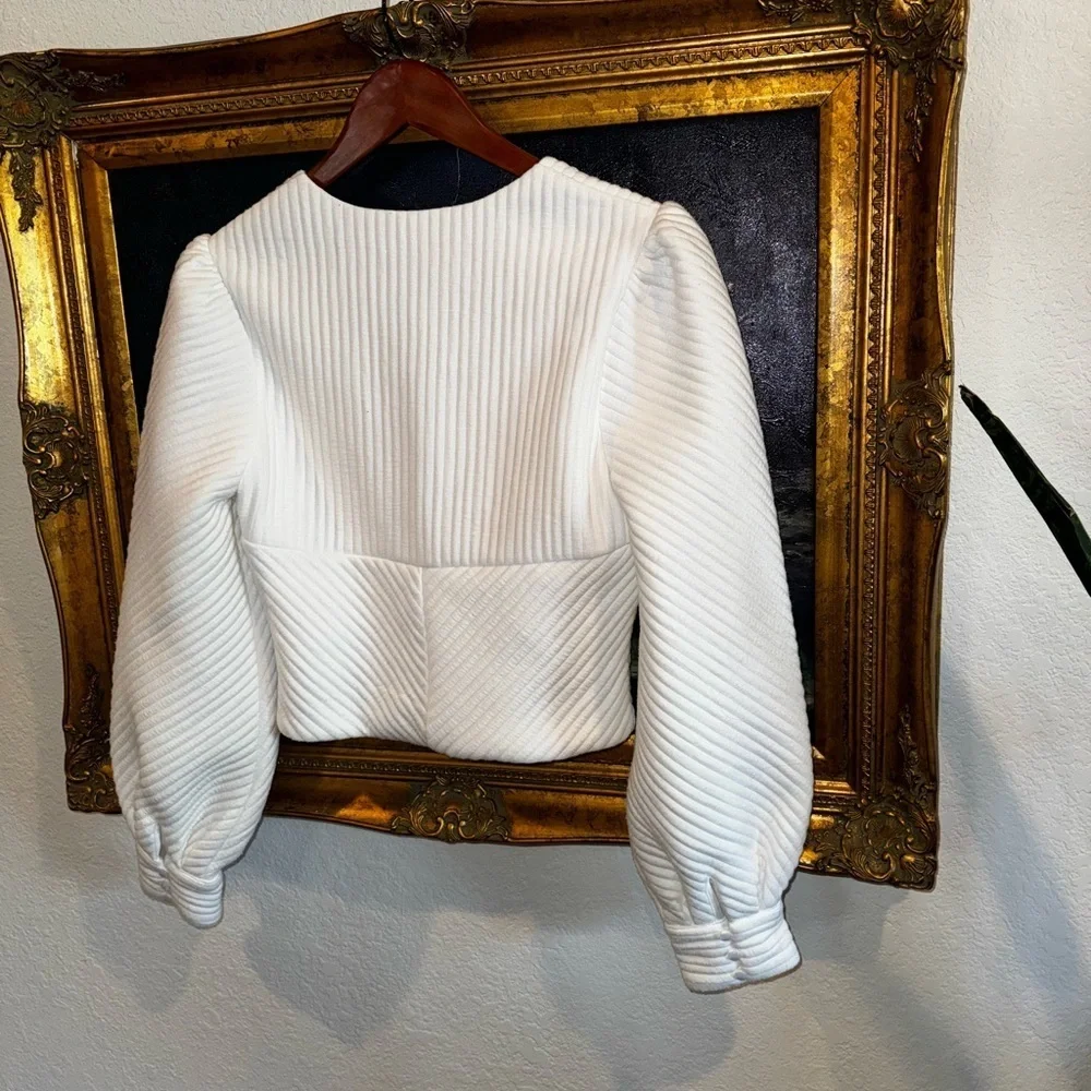 Eri + Ali Anthropologie White Bustier Low Cut Cropped Blouse with Puff Sleeves M